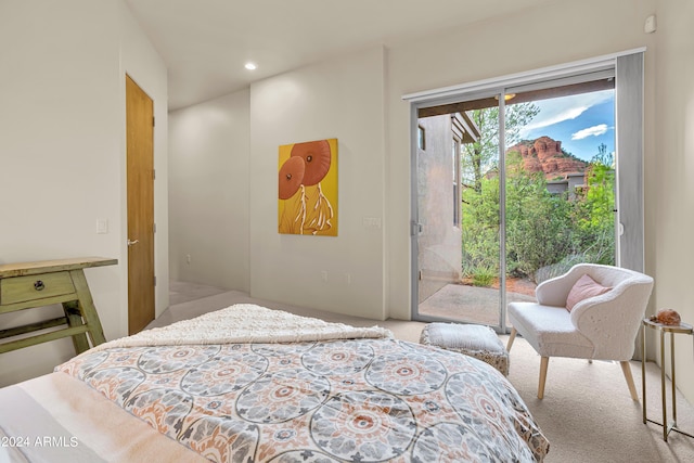 bedroom featuring recessed lighting, access to outside, and carpet floors
