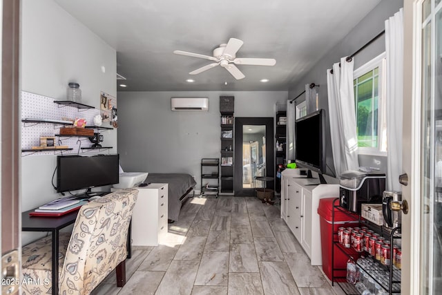 office with a wall mounted AC and ceiling fan