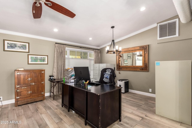 office area featuring vaulted ceiling, light hardwood / wood-style flooring, ceiling fan with notable chandelier, and ornamental molding