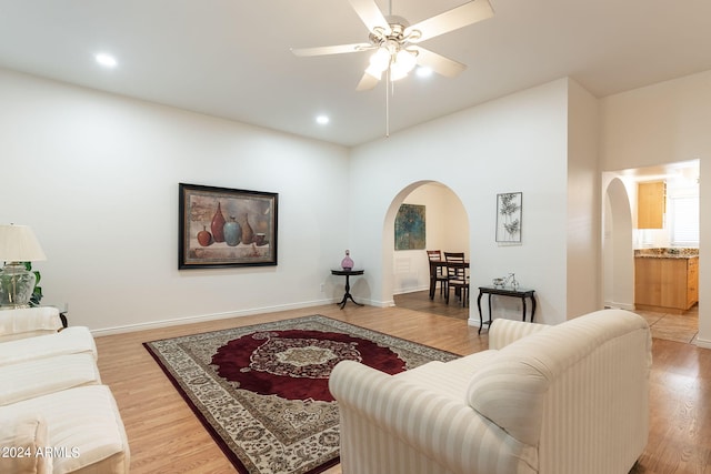 living room with ceiling fan and wood-type flooring