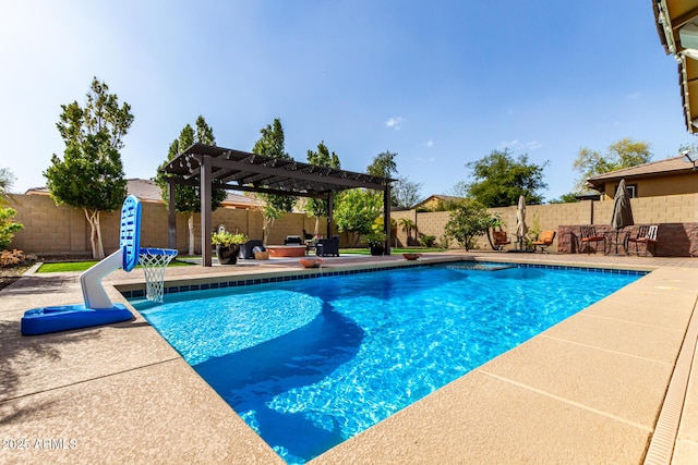 view of pool featuring a fenced backyard, a fenced in pool, a pergola, and a patio