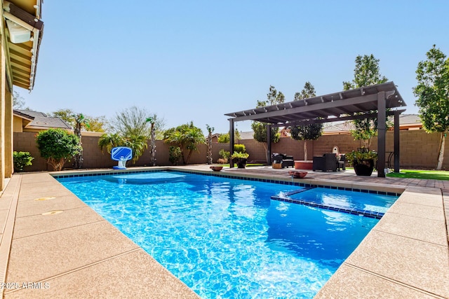 view of swimming pool featuring a patio, a fenced backyard, a pool with connected hot tub, and a pergola