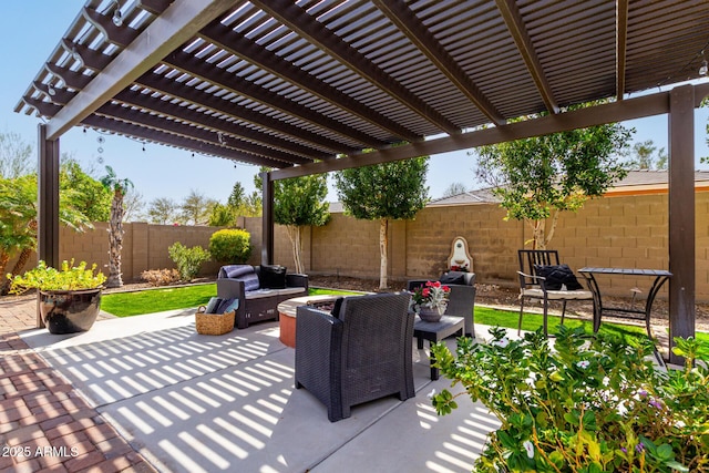 view of patio / terrace featuring a fenced backyard, outdoor lounge area, and a pergola