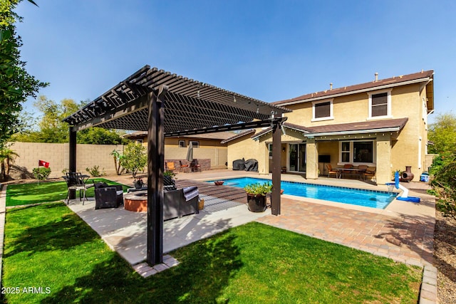 view of swimming pool featuring an outdoor fire pit, a fenced in pool, fence, a patio area, and a pergola