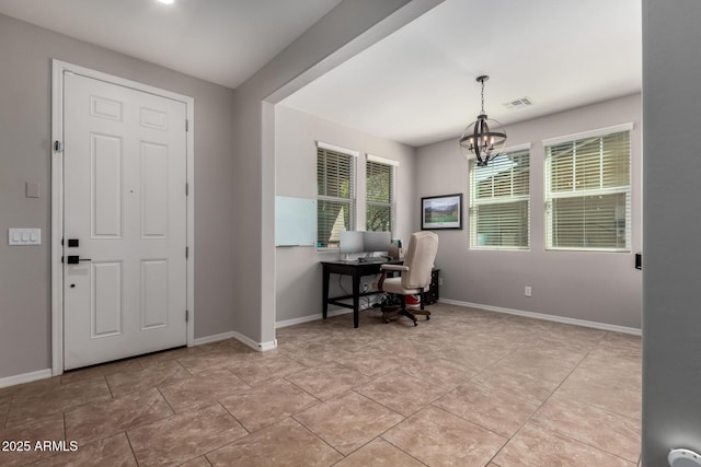 office space with baseboards, visible vents, a notable chandelier, and light tile patterned flooring