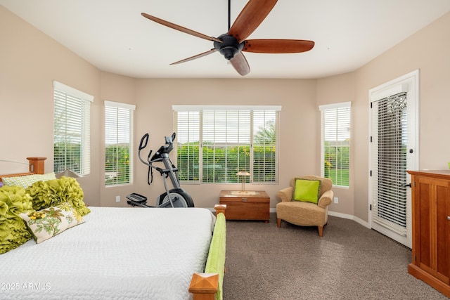bedroom featuring baseboards, access to outside, carpet, and ceiling fan