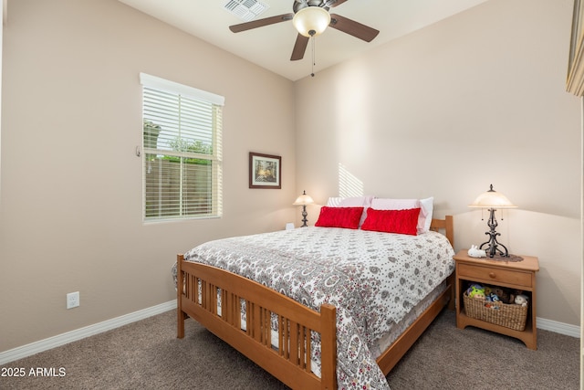 bedroom featuring baseboards, visible vents, ceiling fan, and carpet