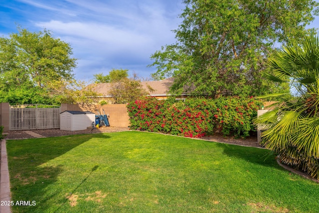 view of yard with a storage unit, a fenced backyard, and an outbuilding