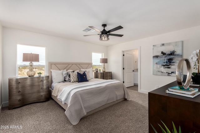 bedroom featuring baseboards, visible vents, ceiling fan, and carpet flooring