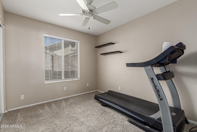 exercise room with carpet and ceiling fan