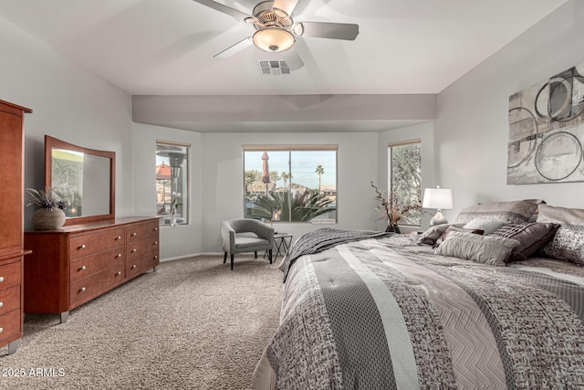 bedroom with light colored carpet and ceiling fan