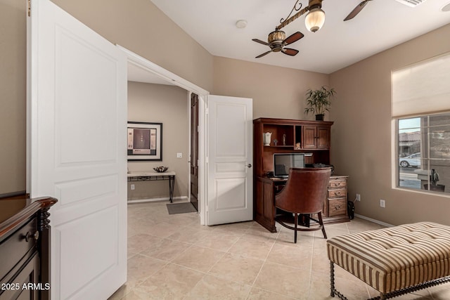 office area featuring ceiling fan and light tile patterned flooring