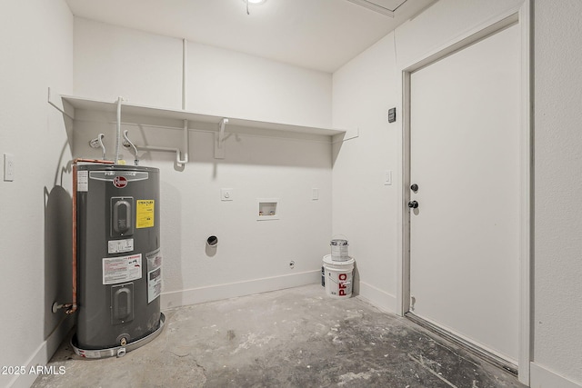 washroom featuring water heater, laundry area, hookup for a washing machine, and baseboards