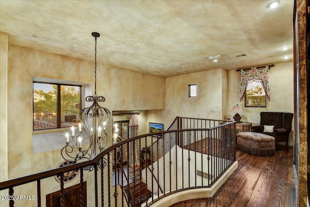 7710 E Golden Eagle Cir, Gold Canyon, AZ 85118 - corridor with a chandelier, an upstairs landing, hardwood / wood-style flooring, and recessed lighting