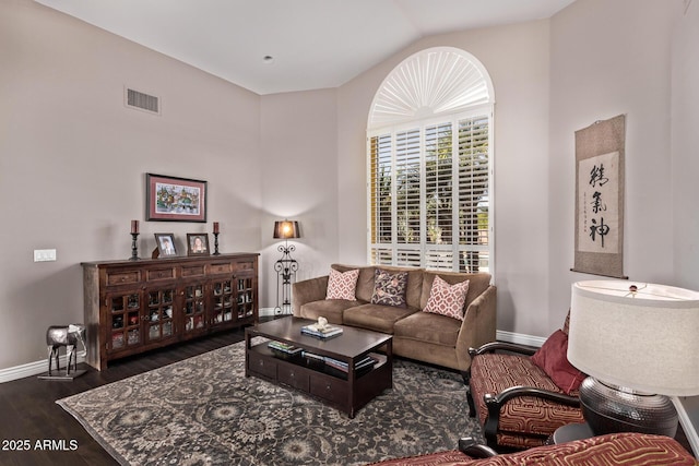 3733 E Kachina Dr, Phoenix, AZ 85044 - living room with baseboards, dark wood finished floors, and lofted ceiling