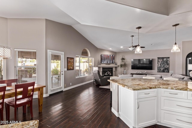 3733 E Kachina Dr, Phoenix, AZ 85044 - kitchen featuring a fireplace, open floor plan, a ceiling fan, light stone countertops, and vaulted ceiling