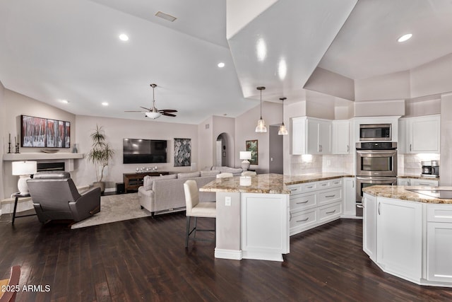 3733 E Kachina Dr, Phoenix, AZ 85044 - kitchen featuring appliances with stainless steel finishes, dark wood-type flooring, ceiling fan, white cabinets, and lofted ceiling