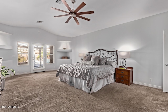 3733 E Kachina Dr, Phoenix, AZ 85044 - carpeted bedroom with access to outside, lofted ceiling, baseboards, and a ceiling fan