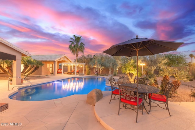 3733 E Kachina Dr, Phoenix, AZ 85044 - swimming pool with a patio area, an outbuilding, a storage structure, and outdoor dining space