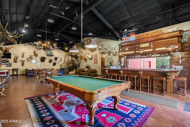 51238 N Pinal Ranch Rd, Miami, AZ 85539 - game room featuring pool table, rail lighting, a towering ceiling, and a bar