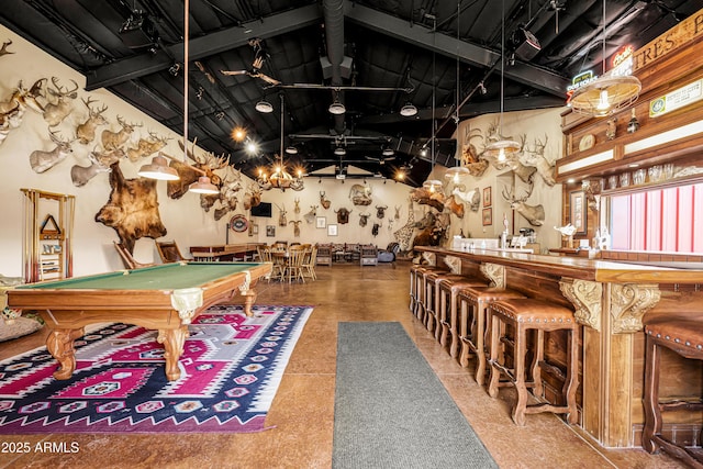 51238 N Pinal Ranch Rd, Miami, AZ 85539 - playroom with high vaulted ceiling, beam ceiling, billiards, and a bar