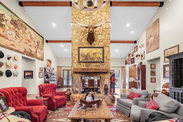 51238 N Pinal Ranch Rd, Miami, AZ 85539 - living area with a fireplace, high vaulted ceiling, and beam ceiling