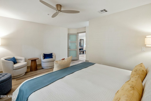 bedroom with visible vents, ceiling fan, and wood finished floors