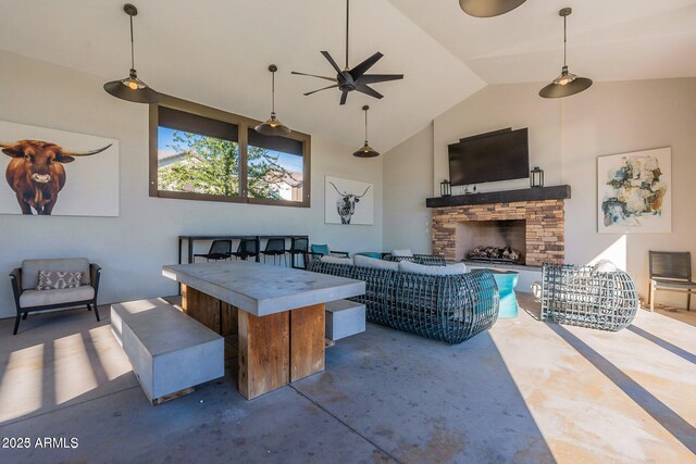 613 W Winchester Dr, Chandler, AZ 85286 - view of patio with an outdoor living space with a fireplace and a ceiling fan