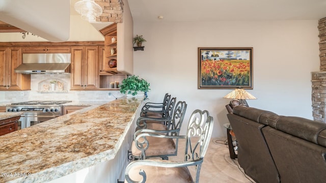 kitchen with kitchen peninsula, tasteful backsplash, light stone counters, high end stainless steel range, and a breakfast bar area