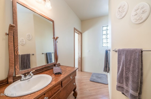 bathroom with hardwood / wood-style flooring and vanity