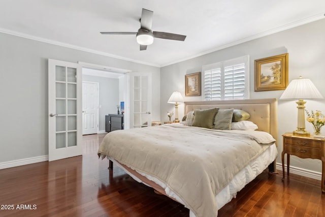 bedroom with dark wood-type flooring, crown molding, and french doors