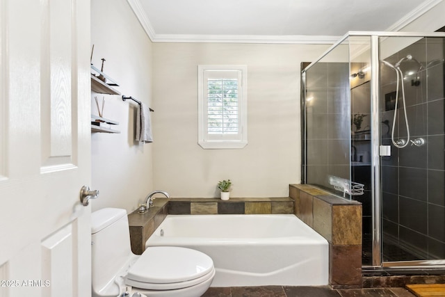 bathroom featuring ornamental molding, plus walk in shower, and toilet