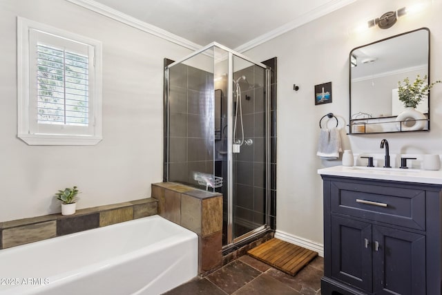 bathroom featuring ornamental molding, plus walk in shower, and vanity