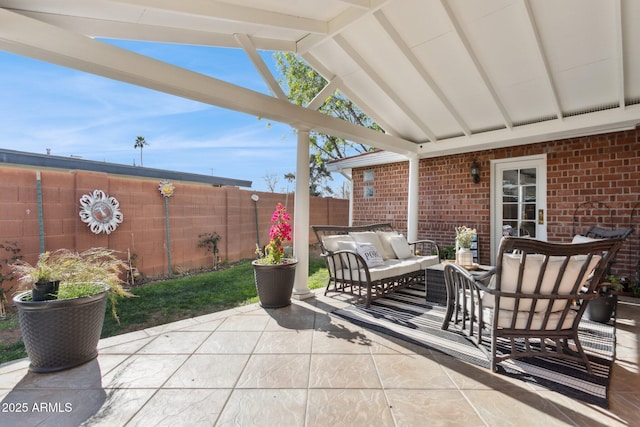 view of patio featuring a pergola and an outdoor hangout area