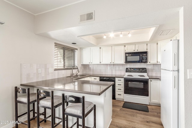 kitchen with sink, kitchen peninsula, a tray ceiling, and black appliances