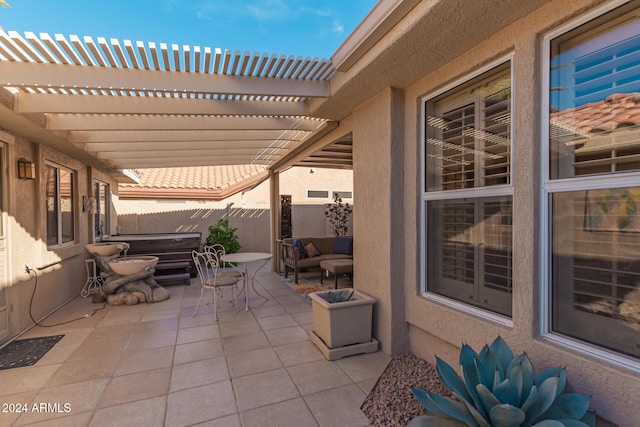 view of patio with a pergola, an outdoor living space, and a hot tub