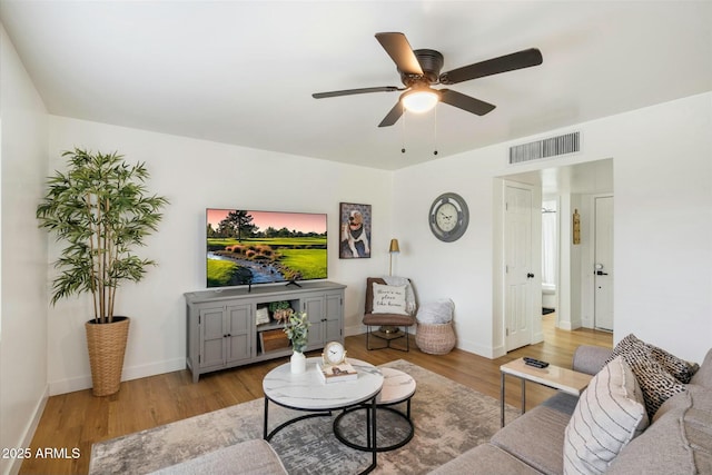 living room featuring light hardwood / wood-style floors and ceiling fan