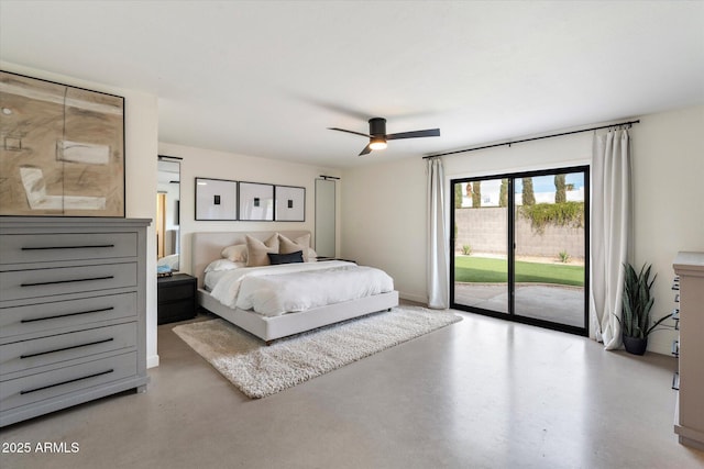 bedroom featuring ceiling fan and access to outside