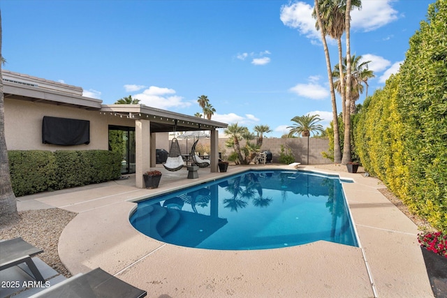 view of pool featuring a diving board and a patio