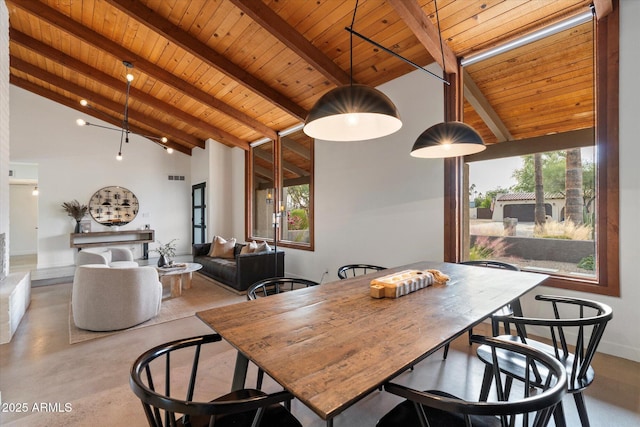 dining area featuring beam ceiling, high vaulted ceiling, and wood ceiling