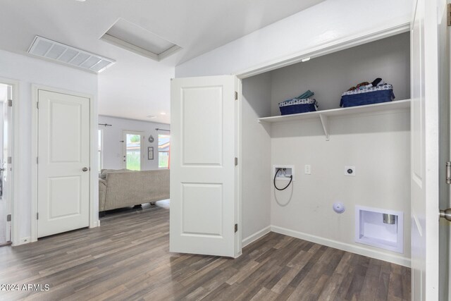 laundry room featuring dark hardwood / wood-style floors, washer hookup, hookup for a gas dryer, and electric dryer hookup