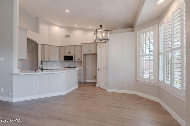 1062 N Robin Ln, Mesa, AZ 85213 - kitchen featuring stainless steel microwave, lofted ceiling, light wood-style floors, baseboards, and a peninsula