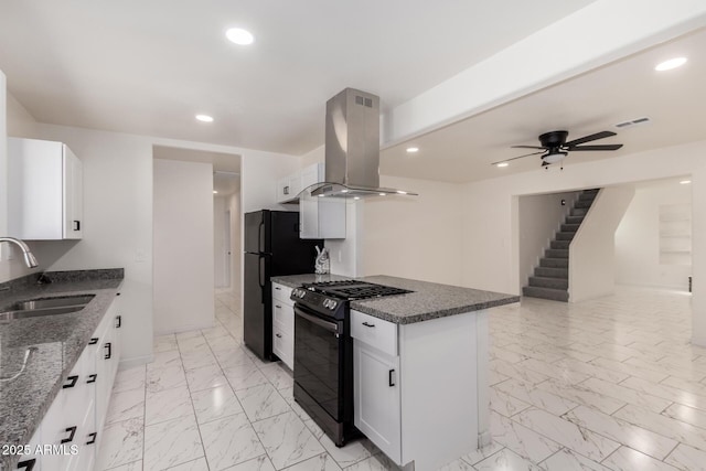 1644 W Mountain View Rd, Phoenix, AZ 85021 - kitchen featuring island exhaust hood, black appliances, a sink, light marble finish flooring, and dark stone countertops