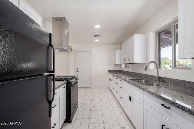 1644 W Mountain View Rd, Phoenix, AZ 85021 - kitchen featuring black appliances, island exhaust hood, a sink, light marble finish floors, and recessed lighting