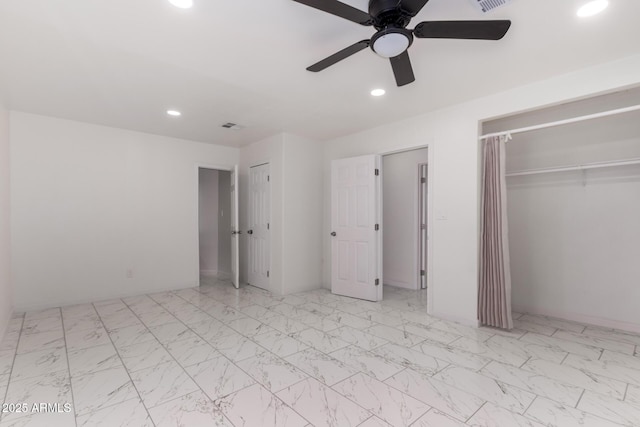 1644 W Mountain View Rd, Phoenix, AZ 85021 - unfurnished bedroom featuring recessed lighting, light marble finish floors, ceiling fan, and a closet