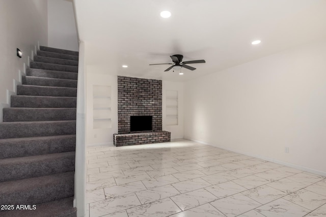 1644 W Mountain View Rd, Phoenix, AZ 85021 - unfurnished living room featuring marble look tile flooring, a ceiling fan, stairway, recessed lighting, and baseboards