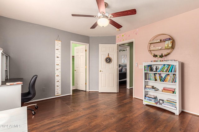 home office featuring ceiling fan and dark hardwood / wood-style flooring