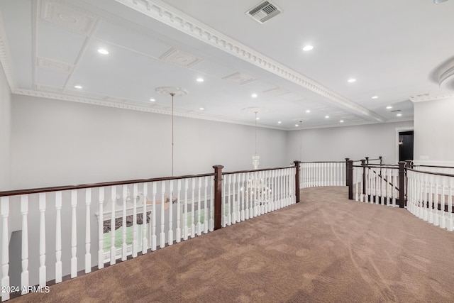 corridor with carpet floors and ornamental molding