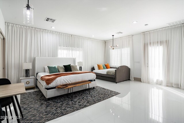 bedroom with recessed lighting, visible vents, and tile patterned floors