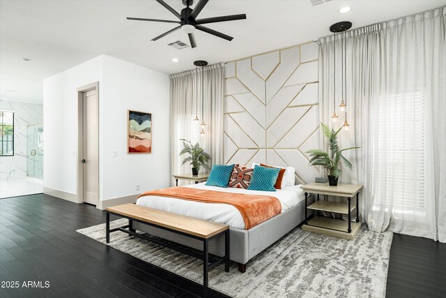 bedroom featuring baseboards, wood finished floors, visible vents, and recessed lighting